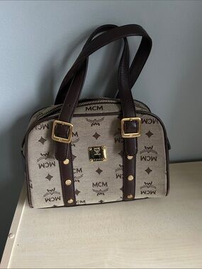MCM Beige and Dark Brown Visetos Dome Satchel